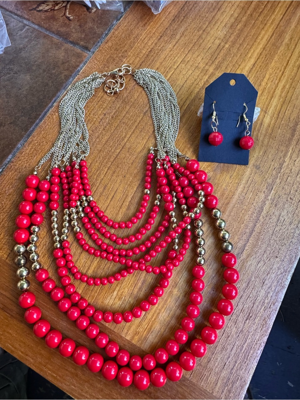 Red Multi-Strand Beaded Necklace and Earrings Set - Gold Accents